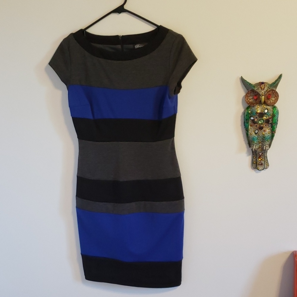 Blue, black, & grey fitted boat neck dress